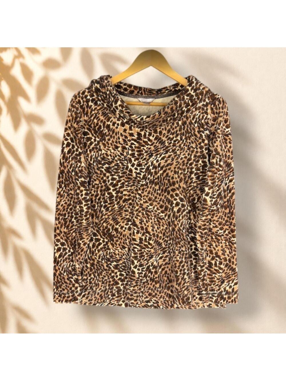 White Stag Sweater Pullover Women L Large Brown Animal Print Knit Long Sleeve
